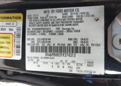 2015 Ford Fusion Se z USA, uszkodzony, nr VIN 3FA6P0HD2FR274313